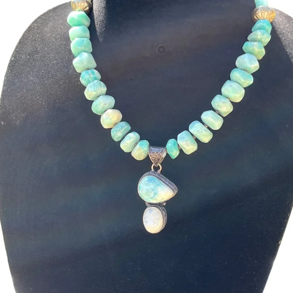 Handcrafted Amazonite, Larimar and Moonstone Beaded Necklace Bronze Tone Accents - Picture 8 of 11